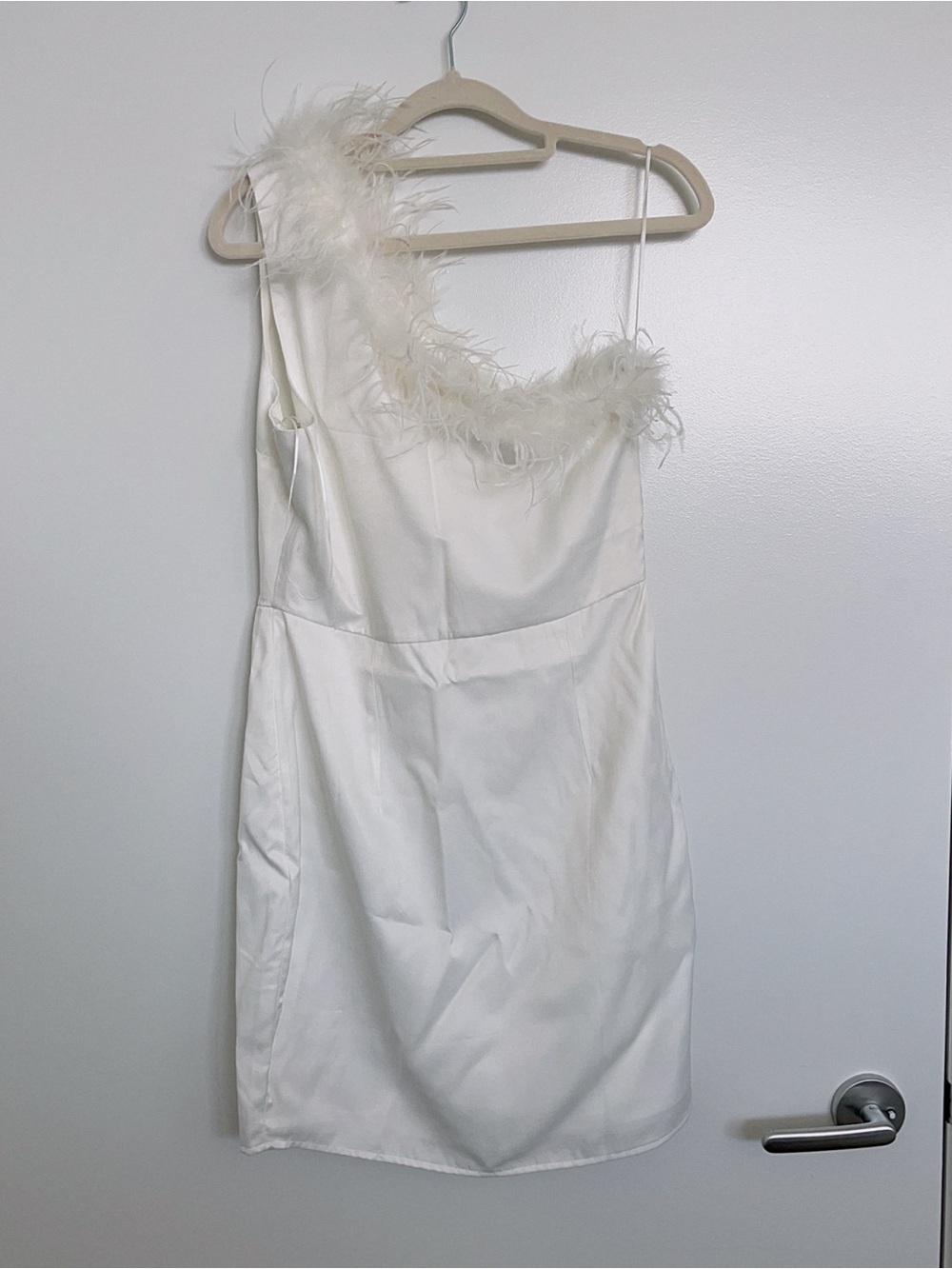 Altar'd State Ivory One-Shoulder Feather Trim Dress